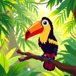 A pixel art representation of a toucan perched on a branch, showcasing vibrant and colorful feathers with a large, bold beak