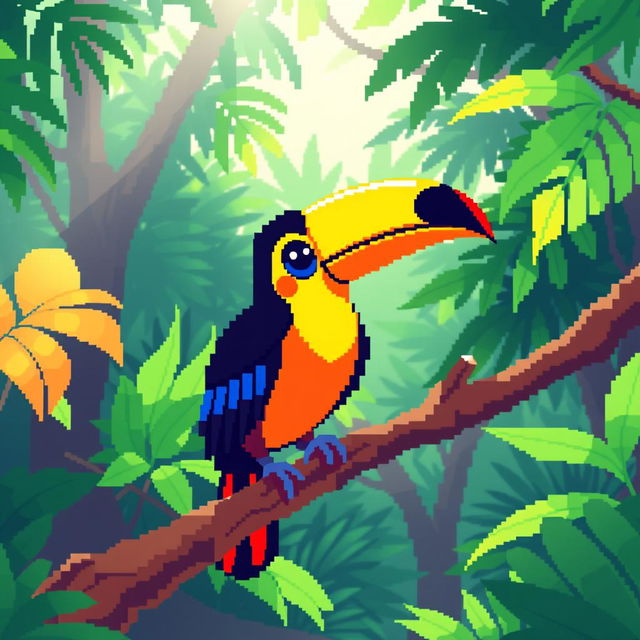 A pixel art representation of a toucan perched on a branch, showcasing vibrant and colorful feathers with a large, bold beak