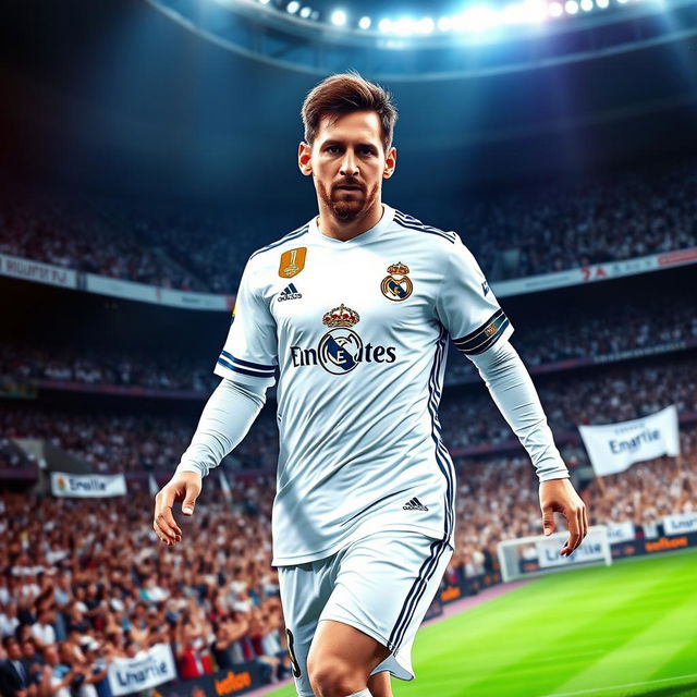 A digital artwork of Lionel Messi in a Real Madrid uniform, showcasing the historical moment of his transfer