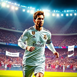 A digital artwork of Lionel Messi in a Real Madrid uniform, showcasing the historical moment of his transfer
