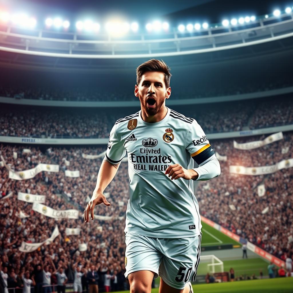 A digital artwork of Lionel Messi in a Real Madrid uniform, showcasing the historical moment of his transfer