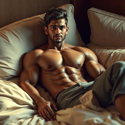 A sexy and muscular male figure resembling an Indian actor, with a chiseled body and attractive features, lounging comfortably on a plush bed