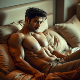 A sexy and muscular male figure resembling an Indian actor, with a chiseled body and attractive features, lounging comfortably on a plush bed