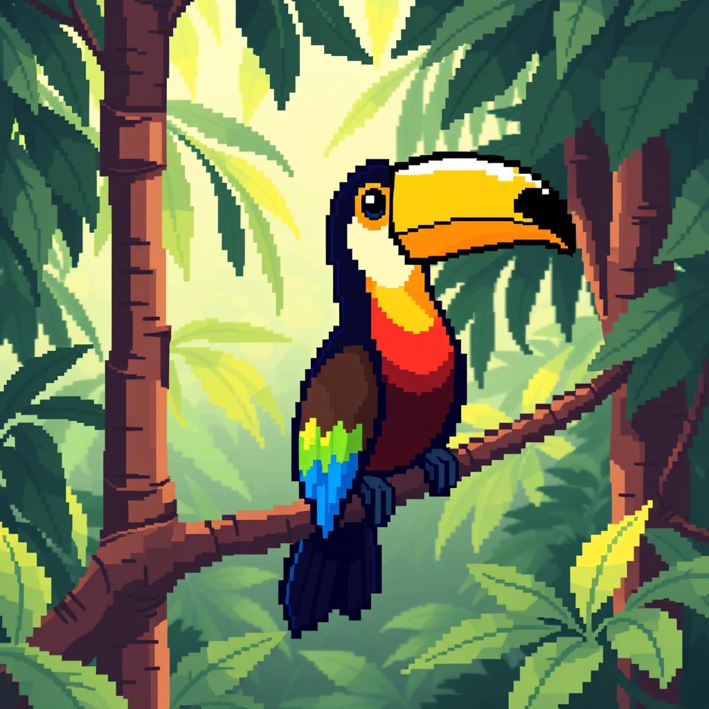 A charming pixel art depiction of a toucan sitting on a branch, featuring bright and colorful feathers with a prominent, oversized beak