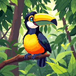 A charming pixel art depiction of a toucan sitting on a branch, featuring bright and colorful feathers with a prominent, oversized beak