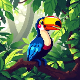 A charming pixel art depiction of a toucan sitting on a branch, featuring bright and colorful feathers with a prominent, oversized beak