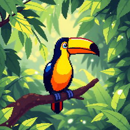 A charming pixel art depiction of a toucan sitting on a branch, featuring bright and colorful feathers with a prominent, oversized beak