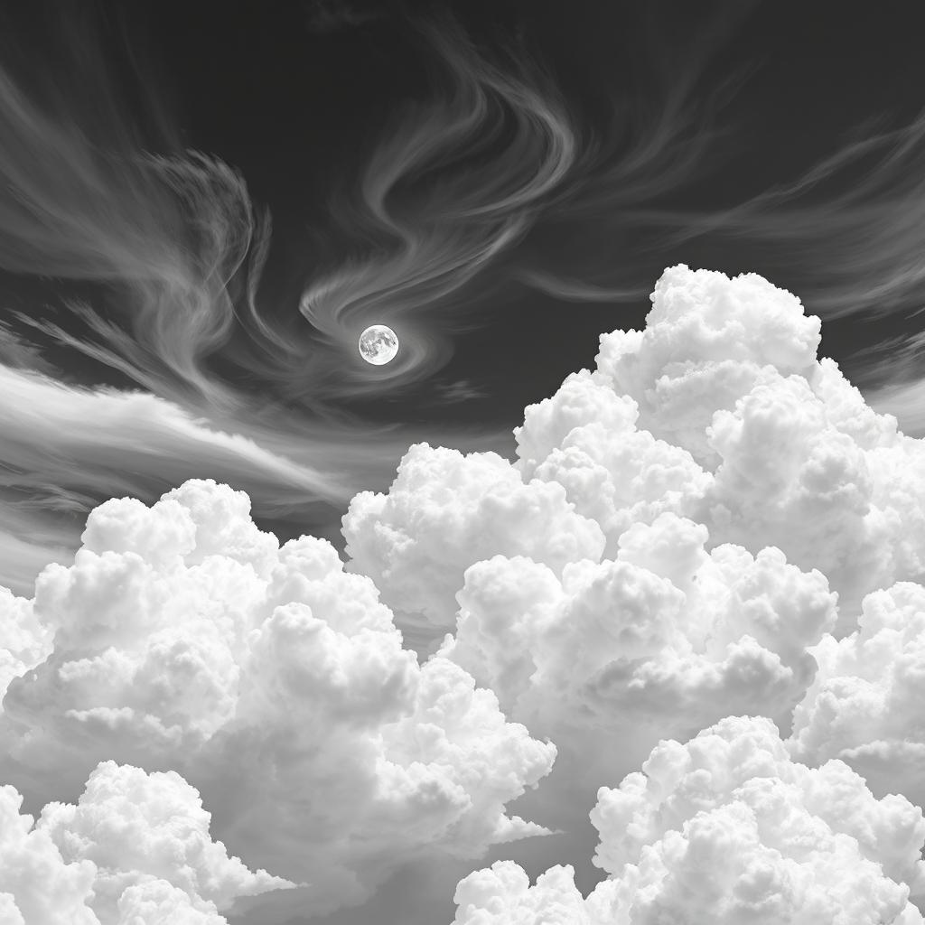 A stunning depiction of clouds in the sky, enhanced with a black and white anime filter that adds a unique stylistic touch