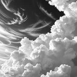 A stunning depiction of clouds in the sky, enhanced with a black and white anime filter that adds a unique stylistic touch
