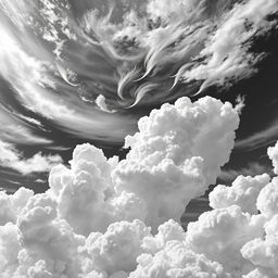 A stunning depiction of clouds in the sky, enhanced with a black and white anime filter that adds a unique stylistic touch