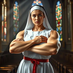 A dominant muscular nun standing confidently with a commanding presence