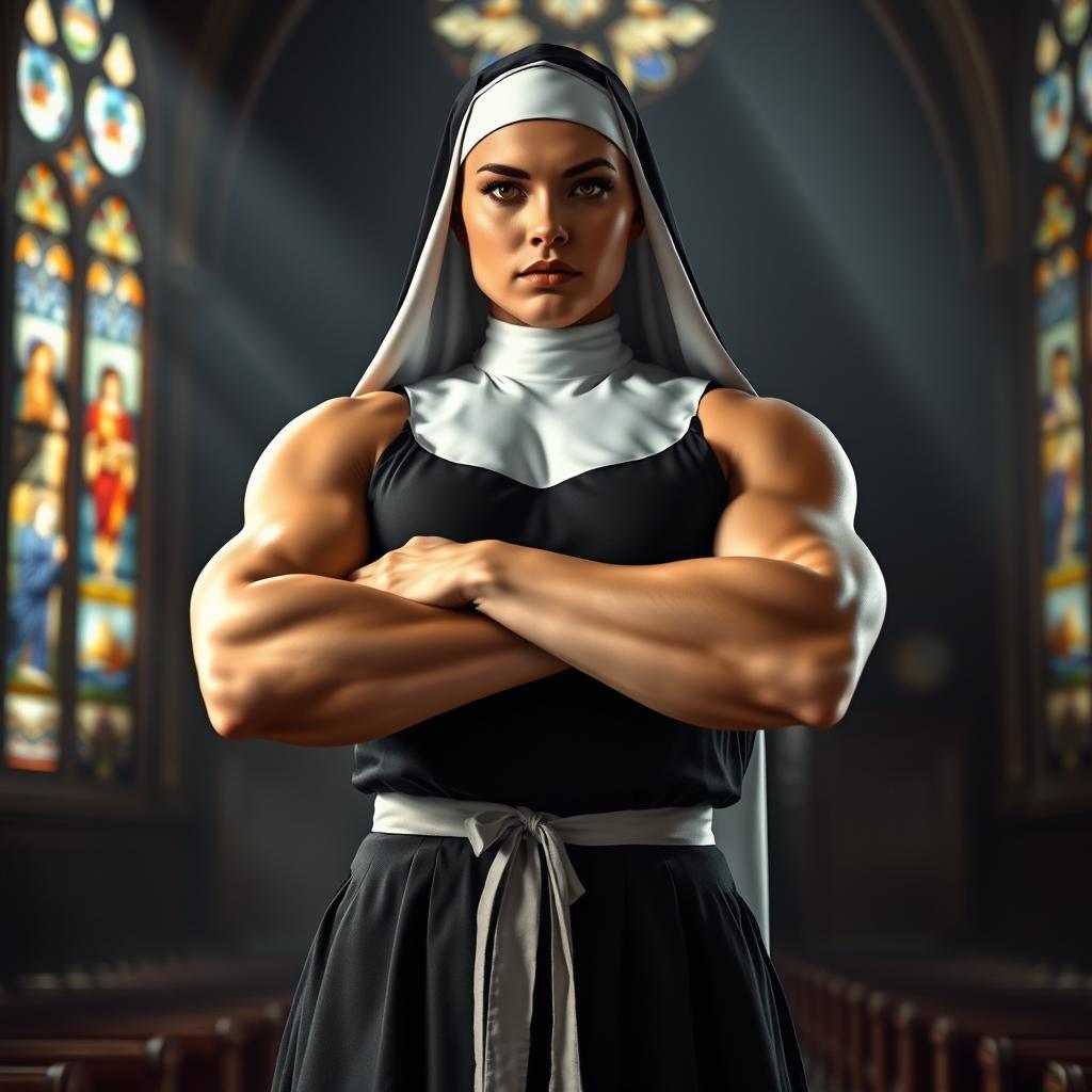 A dominant muscular nun standing confidently with a commanding presence