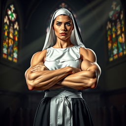 A dominant muscular nun standing confidently with a commanding presence