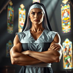 A dominant muscular nun standing confidently with a commanding presence
