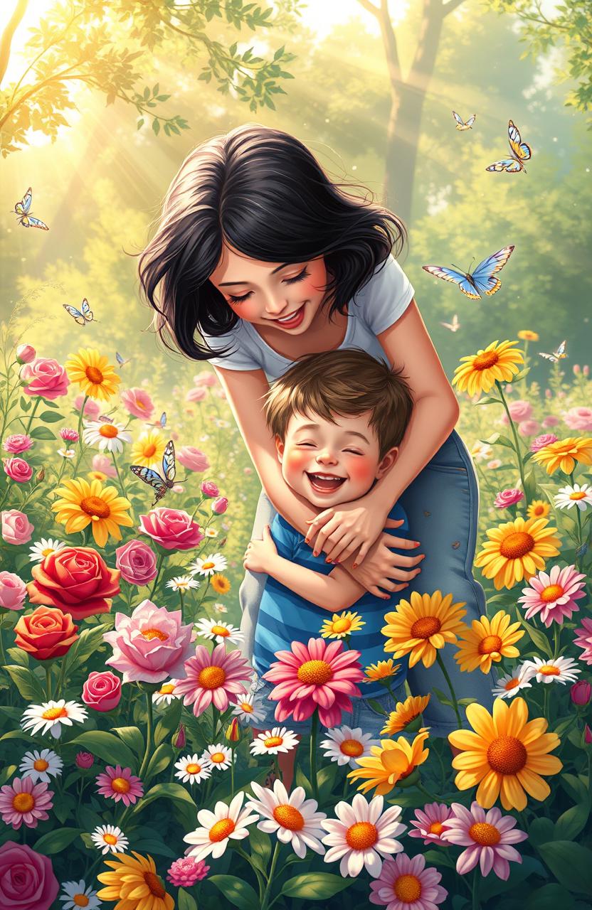 A heartwarming digital painting of a mother and her son in a beautiful, vibrant flower garden