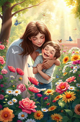 A heartwarming digital painting of a mother and her son in a beautiful, vibrant flower garden