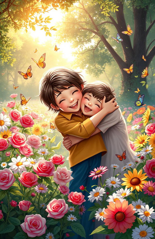 A heartwarming digital painting of a mother and her son in a beautiful, vibrant flower garden