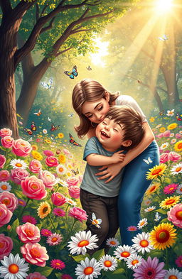 A heartwarming digital painting of a mother and her son in a beautiful, vibrant flower garden