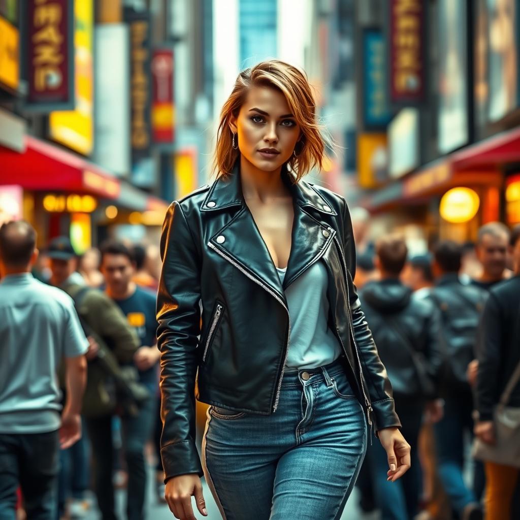 A confident female pop artist walking through a crowded urban street, wearing a stylish leather jacket and fitted denim jeans that convey a strong fashion sense