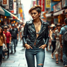 A confident female pop artist walking through a crowded urban street, wearing a stylish leather jacket and fitted denim jeans that convey a strong fashion sense