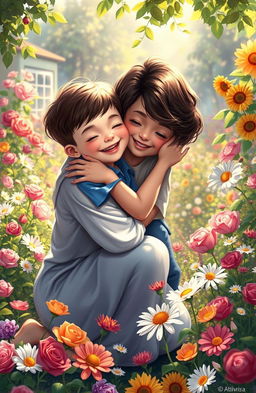 A heartwarming digital painting of a mother and her son sharing a tender moment in a vibrant flower garden