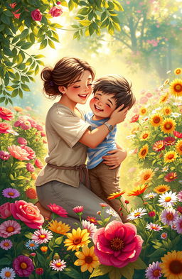 A heartwarming digital painting of a mother and her son sharing a tender moment in a vibrant flower garden
