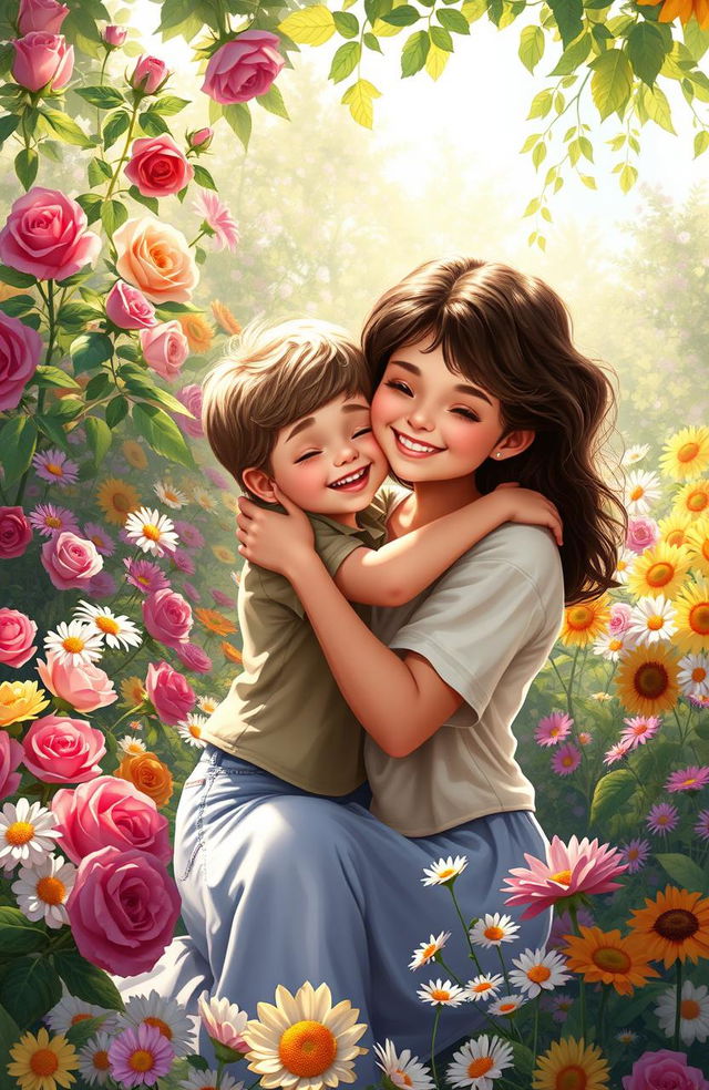 A heartwarming digital painting of a mother and her son sharing a tender moment in a vibrant flower garden