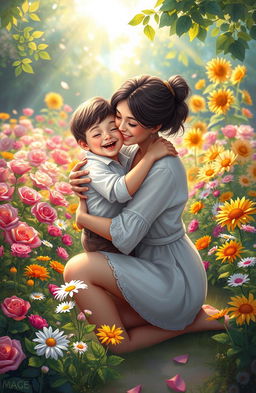 A heartwarming digital painting of a mother and her son sharing a tender moment in a vibrant flower garden