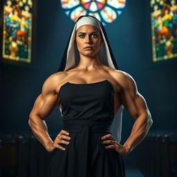 A powerful and dominant muscular nun standing confidently in a dramatic pose, adorned in a traditional habit, with visible muscular definition highlighting her strength