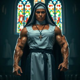 A powerful and dominant muscular nun standing confidently in a dramatic pose, adorned in a traditional habit, with visible muscular definition highlighting her strength