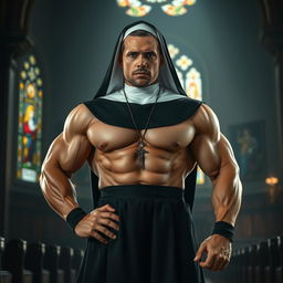 A powerful and dominant muscular nun standing confidently in a dramatic pose, adorned in a traditional habit, with visible muscular definition highlighting her strength