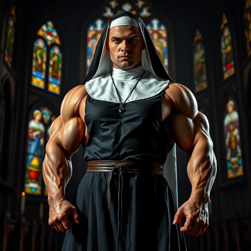A powerful and dominant muscular nun standing confidently in a dramatic pose, adorned in a traditional habit, with visible muscular definition highlighting her strength