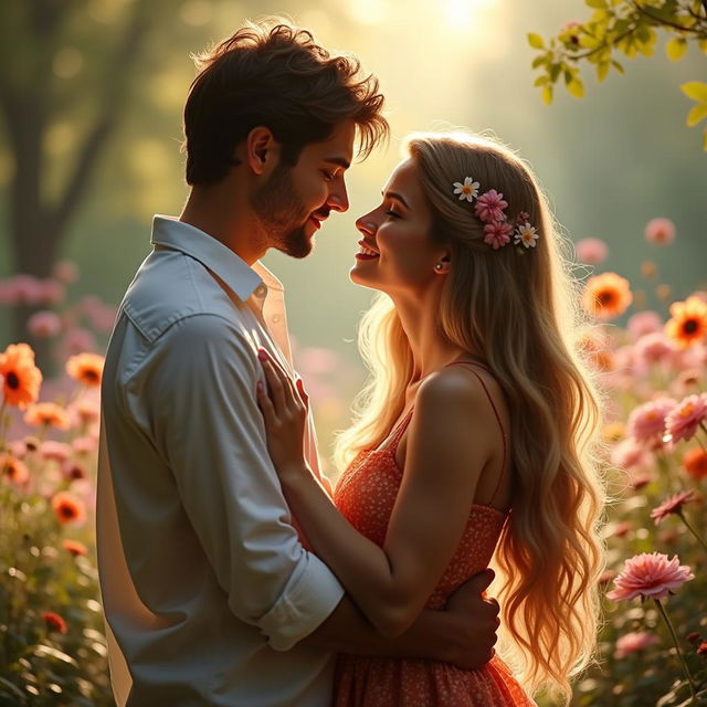 A dreamy portrait of a couple in love, embracing each other in a lush garden filled with blooming flowers