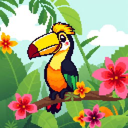 A delightful pixel art illustration of a toucan sitting on a tropical branch, characterized by its vibrant, multi-colored feathers and large, striking beak