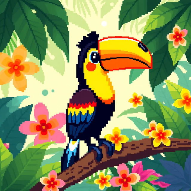 A delightful pixel art illustration of a toucan sitting on a tropical branch, characterized by its vibrant, multi-colored feathers and large, striking beak