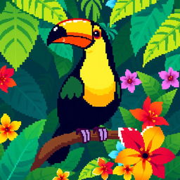 A delightful pixel art illustration of a toucan sitting on a tropical branch, characterized by its vibrant, multi-colored feathers and large, striking beak