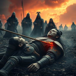 In a dramatic, cinematic scene capturing the moment of betrayal, the dying Inferno Dragon General Lu Tian, a fierce warrior with long flowing hair and a striking dragon tattoo on his arm, lies on the battlefield
