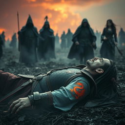 In a dramatic, cinematic scene capturing the moment of betrayal, the dying Inferno Dragon General Lu Tian, a fierce warrior with long flowing hair and a striking dragon tattoo on his arm, lies on the battlefield