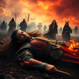 In a dramatic, cinematic scene capturing the moment of betrayal, the dying Inferno Dragon General Lu Tian, a fierce warrior with long flowing hair and a striking dragon tattoo on his arm, lies on the battlefield