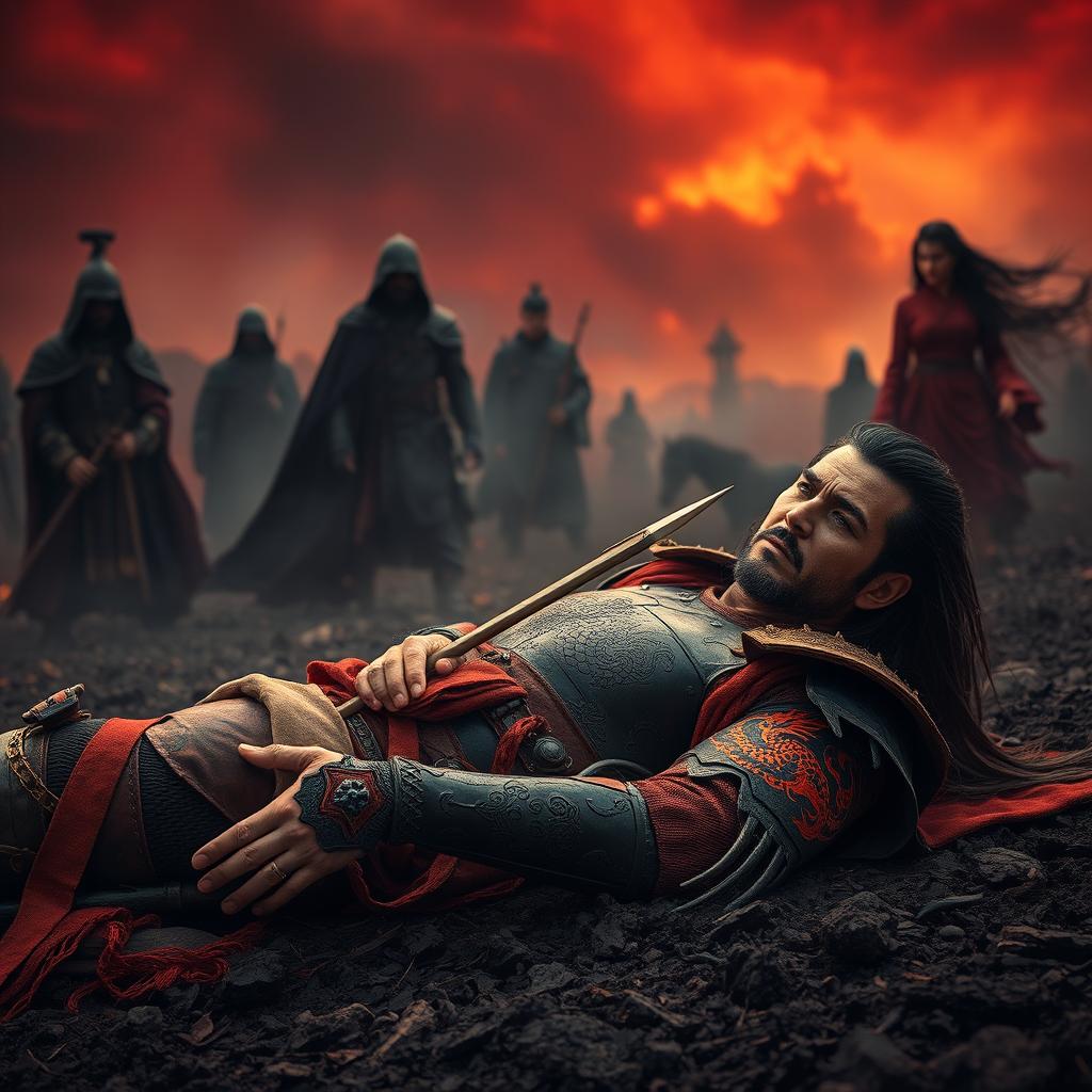 In a dramatic, cinematic scene capturing the moment of betrayal, the dying Inferno Dragon General Lu Tian, a fierce warrior with long flowing hair and a striking dragon tattoo on his arm, lies on the battlefield