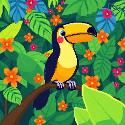 A playful pixel art image of a toucan sitting on a vibrant branch, featuring its iconic colorful plumage and large, distinctive beak