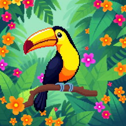 A playful pixel art image of a toucan sitting on a vibrant branch, featuring its iconic colorful plumage and large, distinctive beak