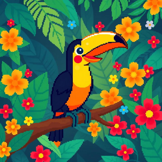 A playful pixel art image of a toucan sitting on a vibrant branch, featuring its iconic colorful plumage and large, distinctive beak