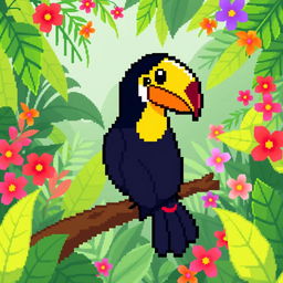 A playful pixel art image of a toucan sitting on a vibrant branch, featuring its iconic colorful plumage and large, distinctive beak