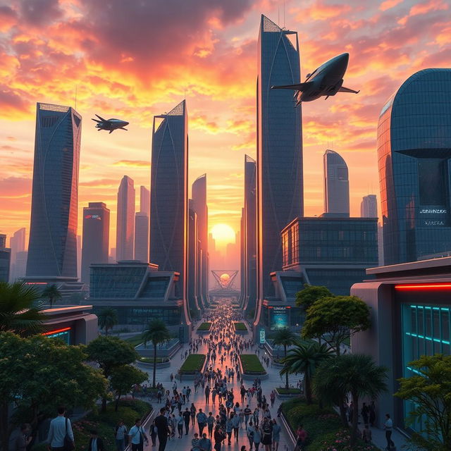 A stunning AI-generated digital concept of a futuristic cityscape at sunset, showcasing tall skyscrapers with intricate glass designs reflecting the vibrant orange, pink, and purple hues of the sky