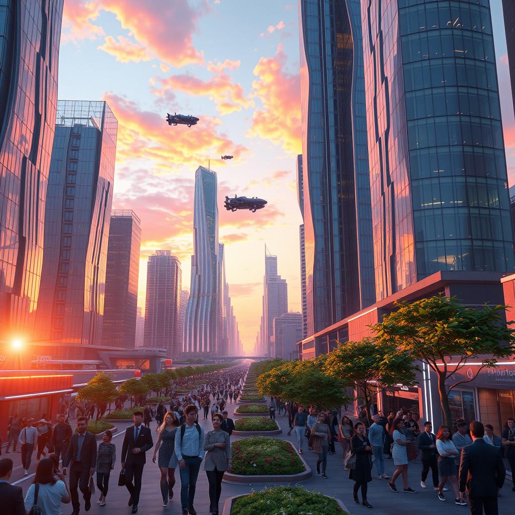 A stunning AI-generated digital concept of a futuristic cityscape at sunset, showcasing tall skyscrapers with intricate glass designs reflecting the vibrant orange, pink, and purple hues of the sky