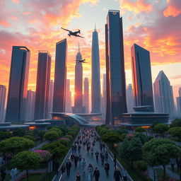 A stunning AI-generated digital concept of a futuristic cityscape at sunset, showcasing tall skyscrapers with intricate glass designs reflecting the vibrant orange, pink, and purple hues of the sky