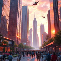 A stunning AI-generated digital concept of a futuristic cityscape at sunset, showcasing tall skyscrapers with intricate glass designs reflecting the vibrant orange, pink, and purple hues of the sky