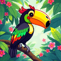 An adorable pixel art illustration of a toucan perched on a branch, showcasing its vibrant, multi-colored feathers and large, colorful beak