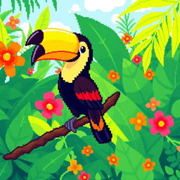 An adorable pixel art illustration of a toucan perched on a branch, showcasing its vibrant, multi-colored feathers and large, colorful beak